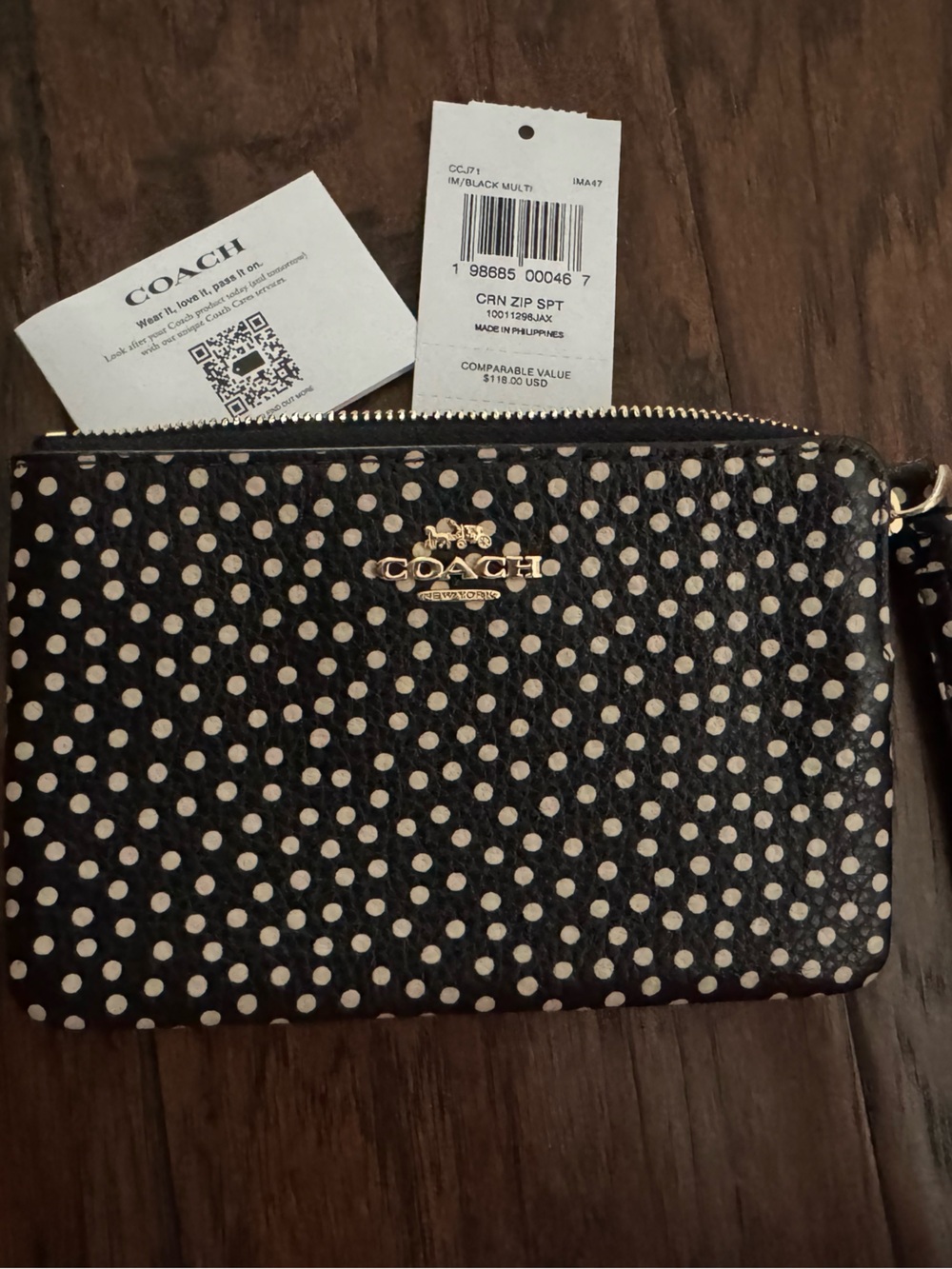 Coach Black & White Polka Dot Zip Wristlet with Gold Logo